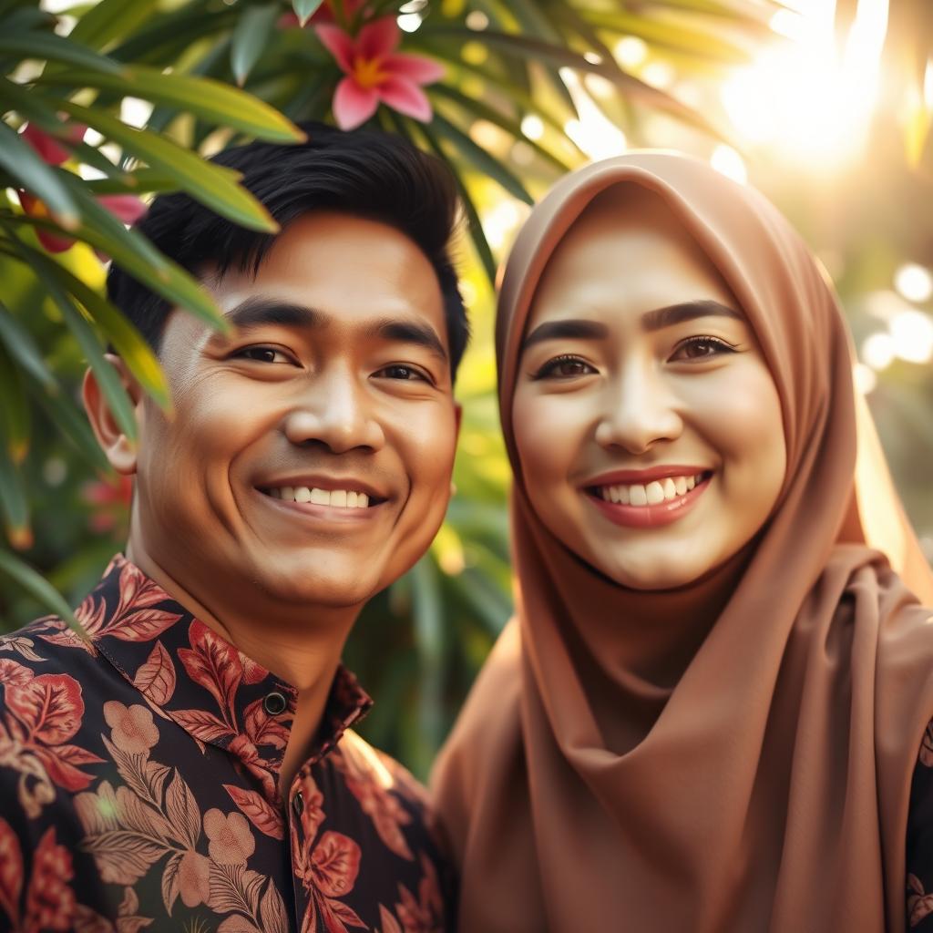 A romantic photo of a couple from Indonesia, featuring their faces positioned towards the front, displaying genuine smiles and joyful expressions