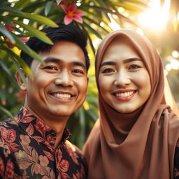 A romantic photo of a couple from Indonesia, featuring their faces positioned towards the front, displaying genuine smiles and joyful expressions