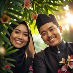 A romantic photo of a couple from Indonesia, featuring their faces positioned towards the front, displaying genuine smiles and joyful expressions