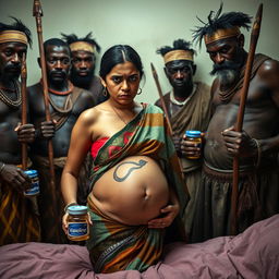 A striking image featuring a tired and worried young pregnant Indian woman in a colorful saree, her exposed midsection revealing a distinctive snake tattoo that symbolizes her inner strength