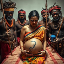 A striking image featuring a tired and worried young pregnant Indian woman in a colorful saree, her exposed midsection revealing a distinctive snake tattoo that symbolizes her inner strength