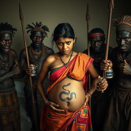 A striking image featuring a tired and worried young pregnant Indian woman in a colorful saree, her exposed midsection revealing a distinctive snake tattoo that symbolizes her inner strength