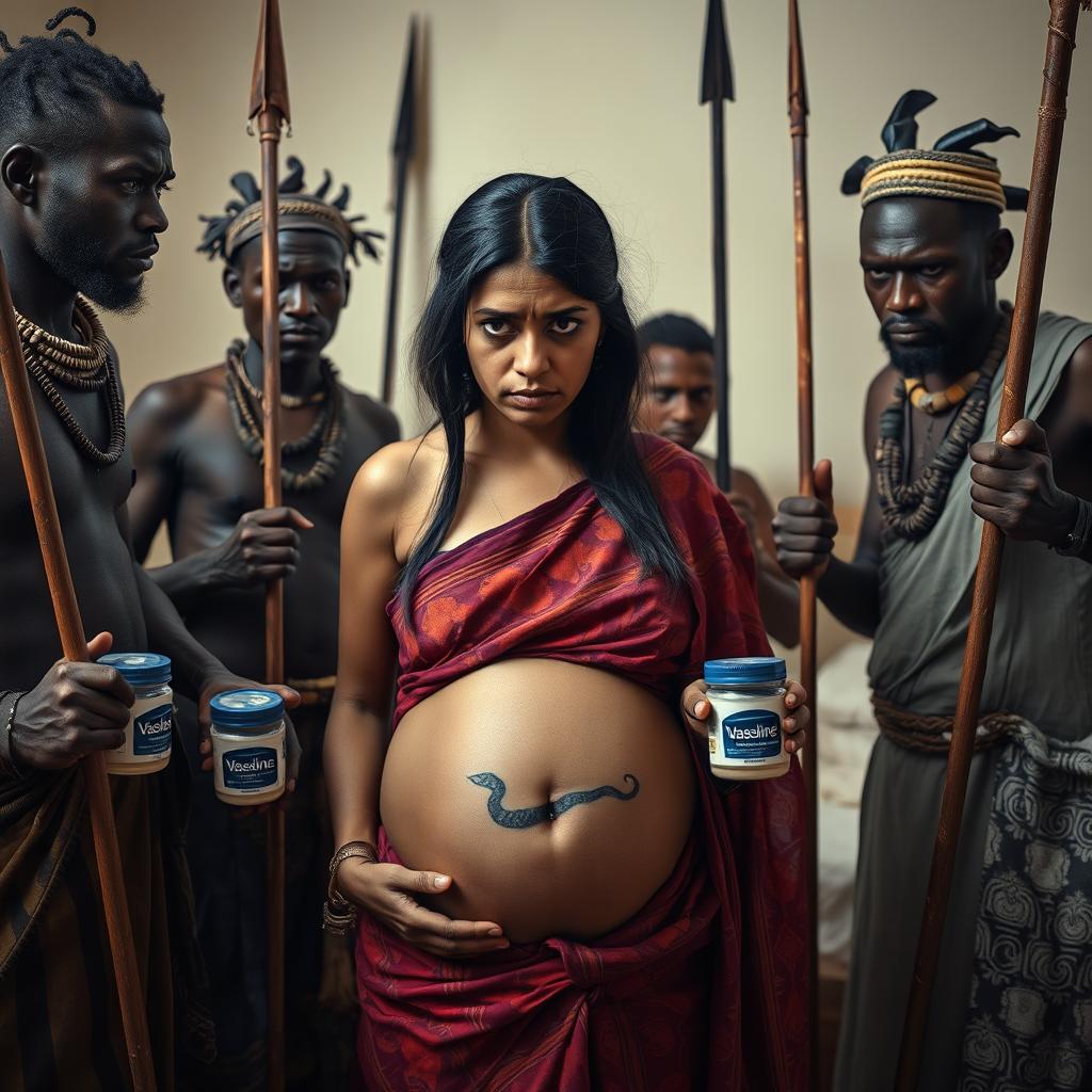 A striking image featuring a tired and worried young pregnant Indian woman in a colorful saree, her exposed midsection revealing a distinctive snake tattoo that symbolizes her inner strength