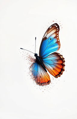 A mariposa (butterfly) gracefully disintegrating into delicate particles, showcasing its vibrant colors and intricate wing patterns as it fades into a soft, white background