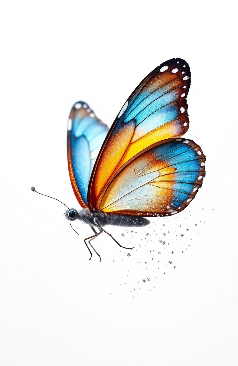 A mariposa (butterfly) gracefully disintegrating into delicate particles, showcasing its vibrant colors and intricate wing patterns as it fades into a soft, white background