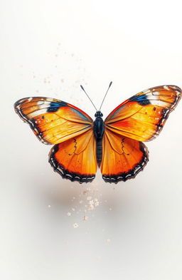 A mariposa (butterfly) gracefully disintegrating into delicate particles, showcasing its vibrant colors and intricate wing patterns as it fades into a soft, white background