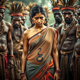 A dramatic scene featuring an Indian lady looking tired and worried, dressed in a colorful saree, with her exposed midsection showcasing a distinctive snake tattoo symbolizing resilience