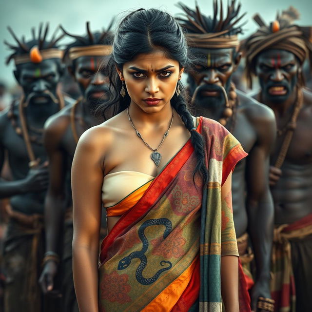 A dramatic scene featuring an Indian lady looking tired and worried, dressed in a colorful saree, with her exposed midsection showcasing a distinctive snake tattoo symbolizing resilience