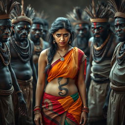 A dramatic scene featuring an Indian lady looking tired and worried, dressed in a colorful saree, with her exposed midsection showcasing a distinctive snake tattoo symbolizing resilience