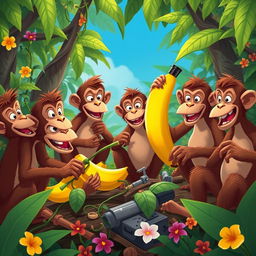 Under the leadership of the courageous monkey named Francisco, the scene depicts a gathering of monkeys in the heart of the vibrant jungle