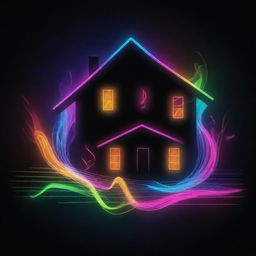 Design an image representing the energy and flow of house music, envision pulsating sound waves, neon-colored musical notes and abstract shapes, capturing the rhythmic drive of the genre.