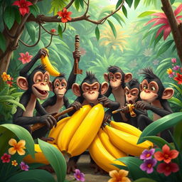 Under the leadership of the courageous monkey named Francisco, the scene depicts a gathering of monkeys in the heart of the vibrant jungle