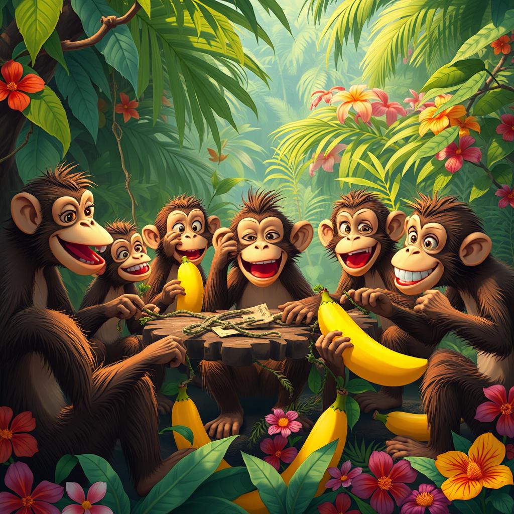 Under the leadership of the courageous monkey named Francisco, the scene depicts a gathering of monkeys in the heart of the vibrant jungle