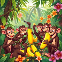 Under the leadership of the courageous monkey named Francisco, the scene depicts a gathering of monkeys in the heart of the vibrant jungle