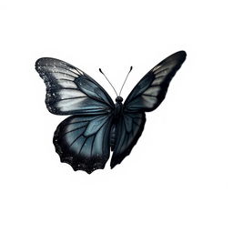 A black mariposa (butterfly) gracefully disintegrating into delicate particles, featuring its sleek and glossy wings as it fades into a soft, white background