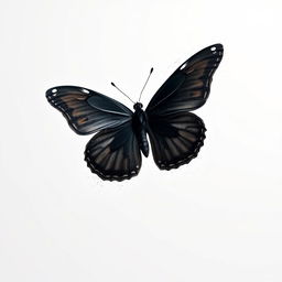 A black mariposa (butterfly) gracefully disintegrating into delicate particles, featuring its sleek and glossy wings as it fades into a soft, white background