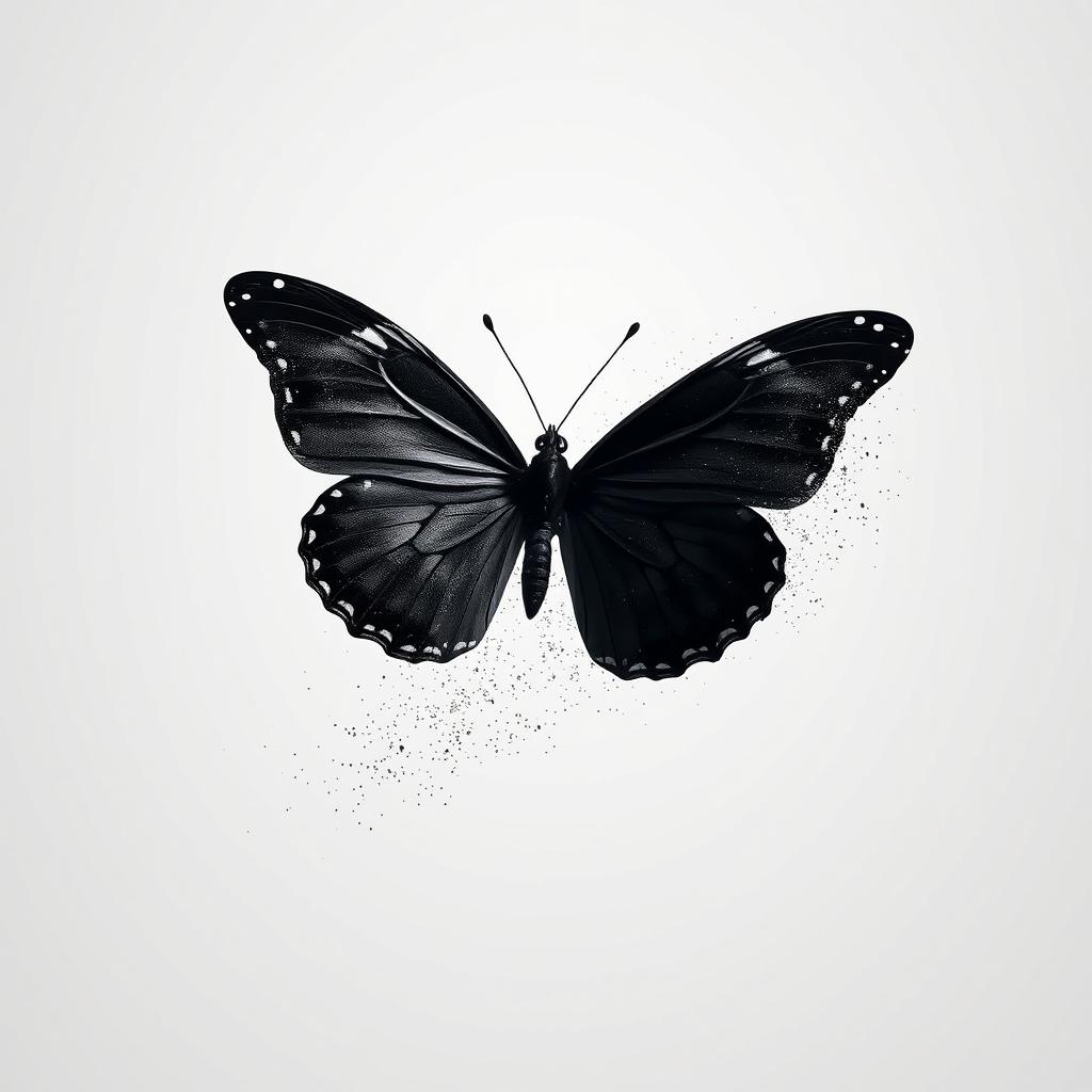 A black mariposa (butterfly) gracefully disintegrating into delicate particles, featuring its sleek and glossy wings as it fades into a soft, white background