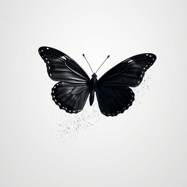 A black mariposa (butterfly) gracefully disintegrating into delicate particles, featuring its sleek and glossy wings as it fades into a soft, white background