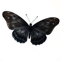 A black mariposa (butterfly) gracefully disintegrating into delicate particles, featuring its sleek and glossy wings as it fades into a soft, white background