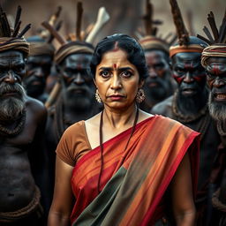 A dramatic scene featuring an Indian lady who looks tired and worried, adorned in a vibrant saree that contrasts with her anxious expression