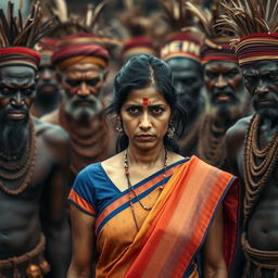 A dramatic scene featuring an Indian lady who looks tired and worried, adorned in a vibrant saree that contrasts with her anxious expression