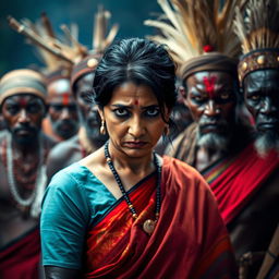 A dramatic scene featuring an Indian lady who looks tired and worried, adorned in a vibrant saree that contrasts with her anxious expression