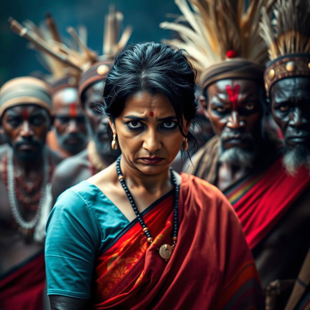 A dramatic scene featuring an Indian lady who looks tired and worried, adorned in a vibrant saree that contrasts with her anxious expression