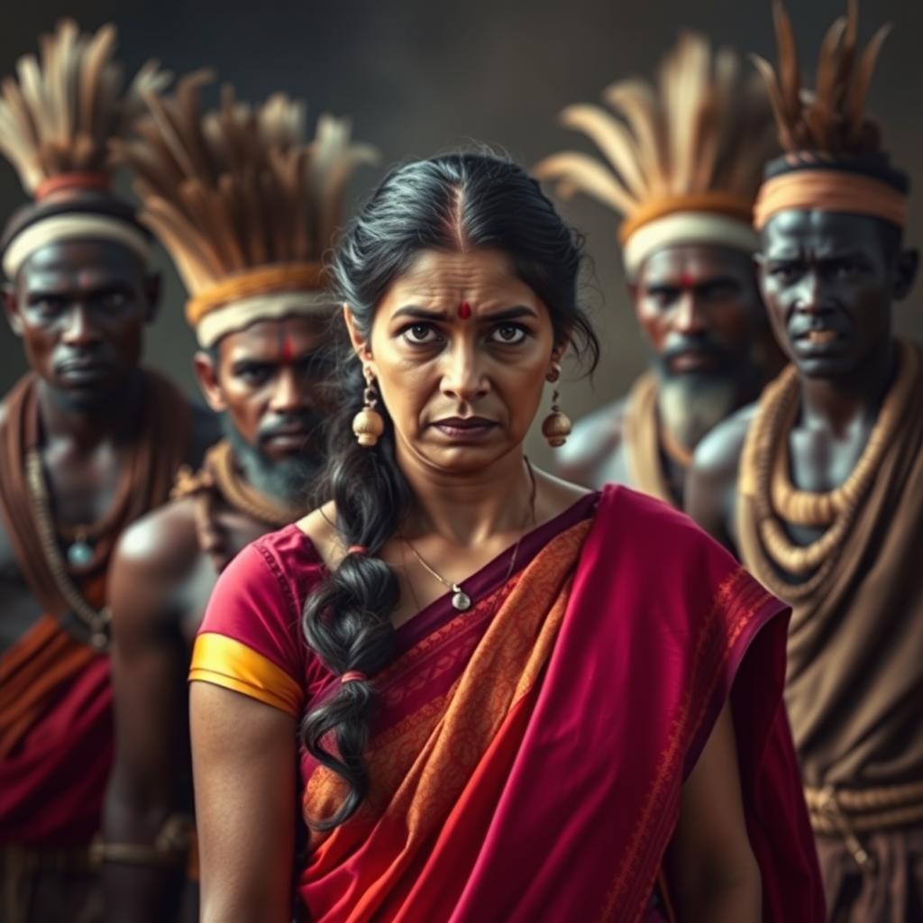 A dramatic scene featuring an Indian lady who looks tired and worried, adorned in a vibrant saree that contrasts with her anxious expression