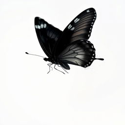 A black mariposa (butterfly) beautifully disintegrating into delicate particles, showcasing its glossy wings with intricate patterns as it fades into a soft, pure white background