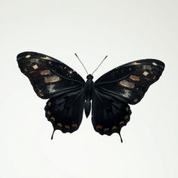 A black mariposa (butterfly) beautifully disintegrating into delicate particles, showcasing its glossy wings with intricate patterns as it fades into a soft, pure white background