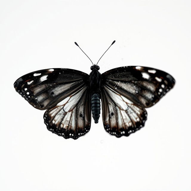 A black mariposa (butterfly) beautifully disintegrating into delicate particles, showcasing its glossy wings with intricate patterns as it fades into a soft, pure white background