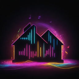 Design an image representing the energy and flow of house music, envision pulsating sound waves, neon-colored musical notes and abstract shapes, capturing the rhythmic drive of the genre.