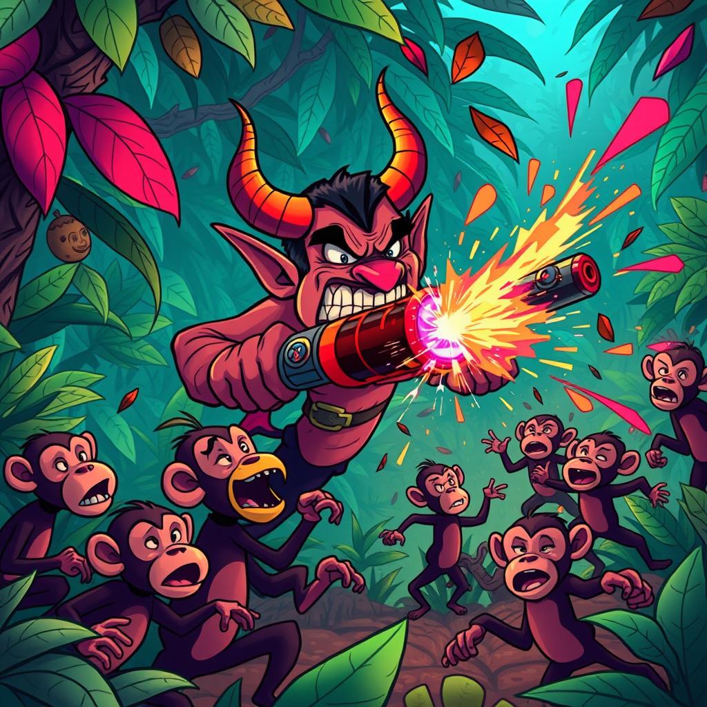 In a chaotic scene in the vibrant jungle, the bumbling villain Proença, depicted as a comically confused devilish character, is attempting to use his dangerous weapon