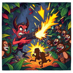 In a chaotic scene in the vibrant jungle, the bumbling villain Proença, depicted as a comically confused devilish character, is attempting to use his dangerous weapon