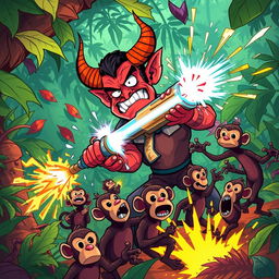 In a chaotic scene in the vibrant jungle, the bumbling villain Proença, depicted as a comically confused devilish character, is attempting to use his dangerous weapon