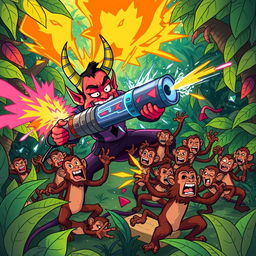 In a chaotic scene in the vibrant jungle, the bumbling villain Proença, depicted as a comically confused devilish character, is attempting to use his dangerous weapon