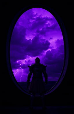 A dramatic scene featuring a lone warrior standing in front of a large porthole