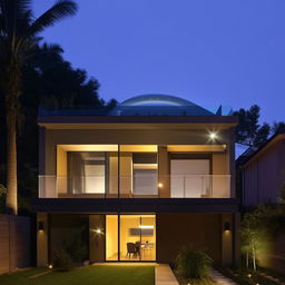 Two-story block house with no glass on the ground floor. The slightly more expensive upper floor features a glass roof balcony, all bathed in soft, light-colored lighting.