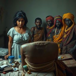 A tense scene depicting an Indian lady with very tired eyes and scruffy hair, looking worried and worn out, standing on one side of a bed