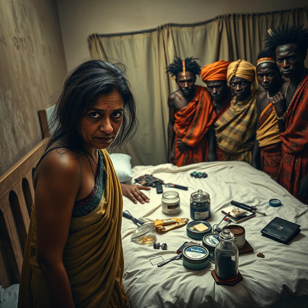 A tense scene depicting an Indian lady with very tired eyes and scruffy hair, looking worried and worn out, standing on one side of a bed