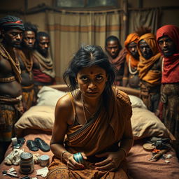 A tense scene depicting an Indian lady with very tired eyes and scruffy hair, looking worried and worn out, standing on one side of a bed