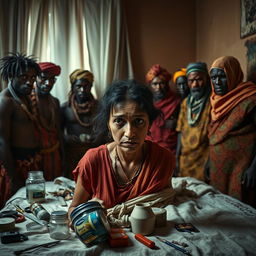 A tense scene depicting an Indian lady with very tired eyes and scruffy hair, looking worried and worn out, standing on one side of a bed