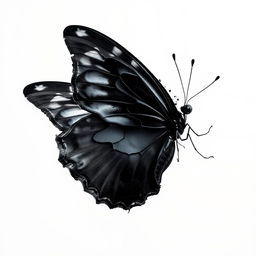 A black mariposa (butterfly) dramatically unravelling and almost melting, depicted in a captivating way as its glossy wings appear to fade and dissolve into the air