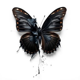 A black mariposa (butterfly) dramatically unravelling and almost melting, depicted in a captivating way as its glossy wings appear to fade and dissolve into the air