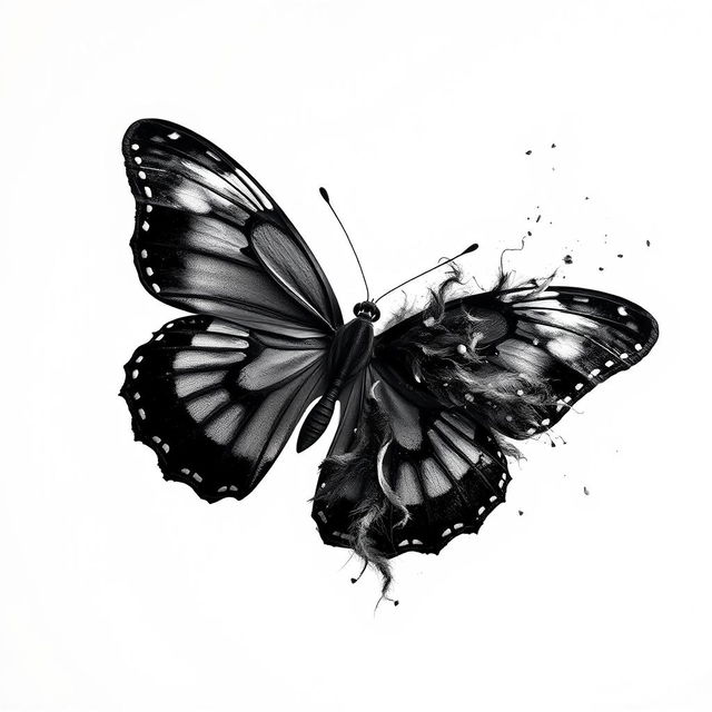 A black mariposa (butterfly) dramatically unravelling and almost melting, depicted in a captivating way as its glossy wings appear to fade and dissolve into the air