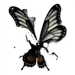 A black mariposa (butterfly) dramatically unravelling and almost melting, depicted in a captivating way as its glossy wings appear to fade and dissolve into the air