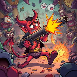 In a humorous scene, a confused devil character is depicted in a chaotic environment