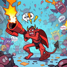 In a humorous scene, a confused devil character is depicted in a chaotic environment