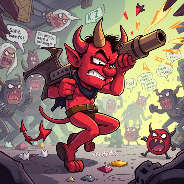 In a humorous scene, a confused devil character is depicted in a chaotic environment