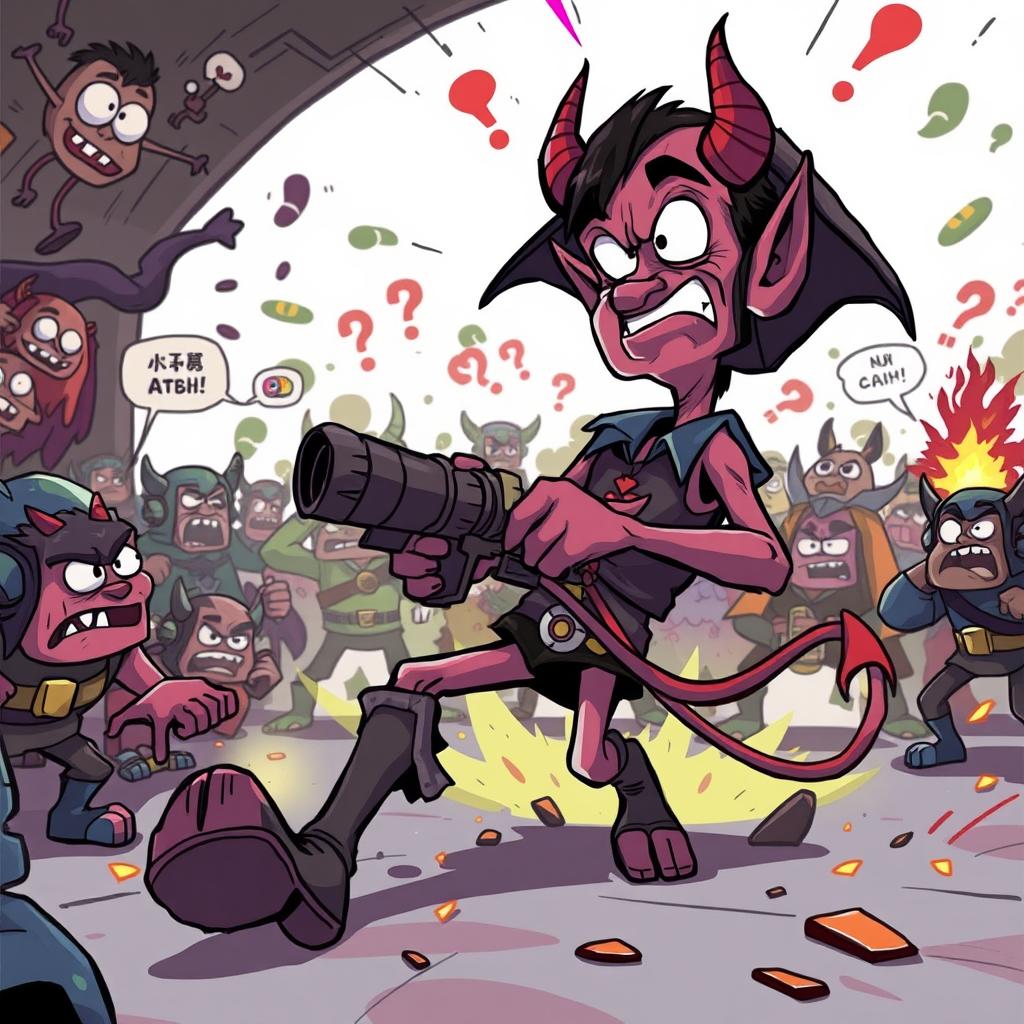 In a humorous scene, a confused devil character is depicted in a chaotic environment